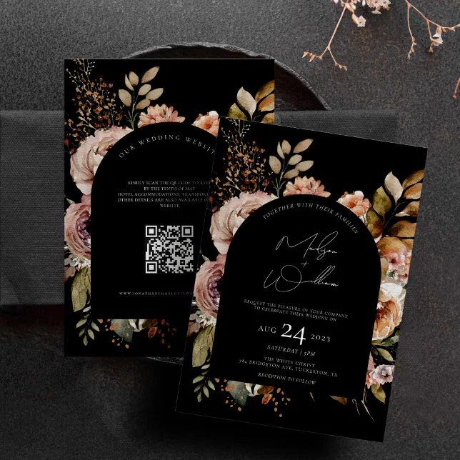 QR Code Watercolor Flowers Boho Fall Wedding Invitation | Zazzle
