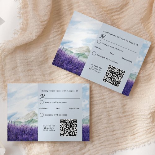 QR Code Watercolor Mountain Lavender Wedding RSVP Card