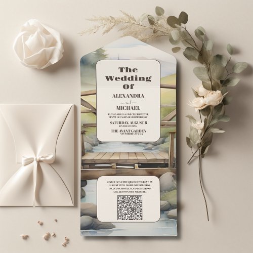 QR Code Watercolor Mountain Meadow Wedding All In One Invitation