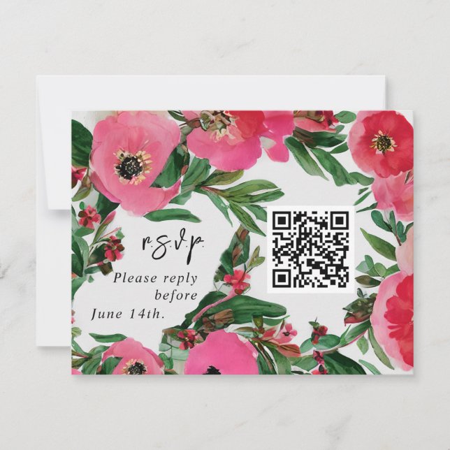 QR Code Watercolor Pink Anemone Wedding RSVP (Front)