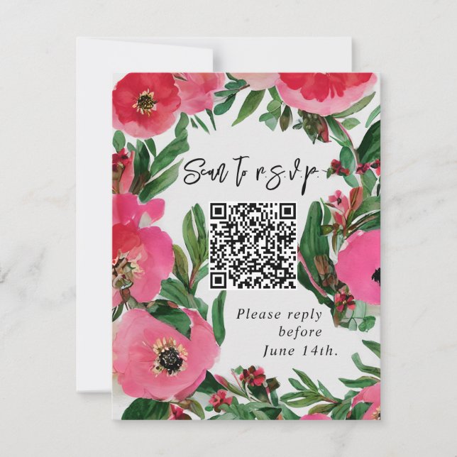 QR Code Watercolor Pink Anemone Wedding RSVP Card (Front)