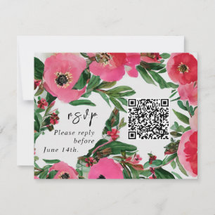 QR Code Watercolor Pink Anemone Wedding RSVP Card