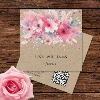QR Code | Watercolor Pink Flowers Kraft Square Business Card