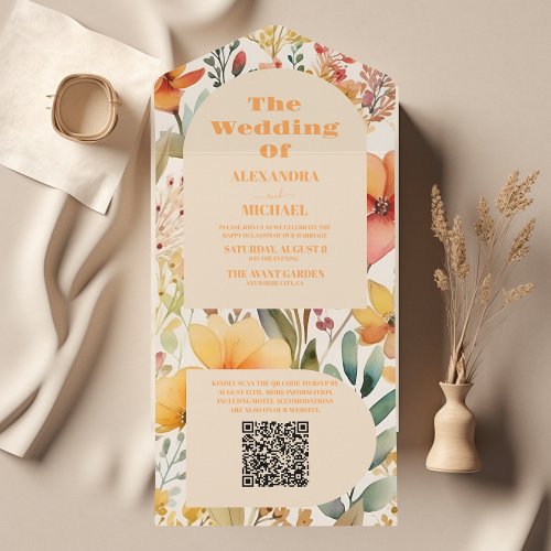 QR Code Watercolor Pink Orange Wildflowers Wedding All In One Invitation