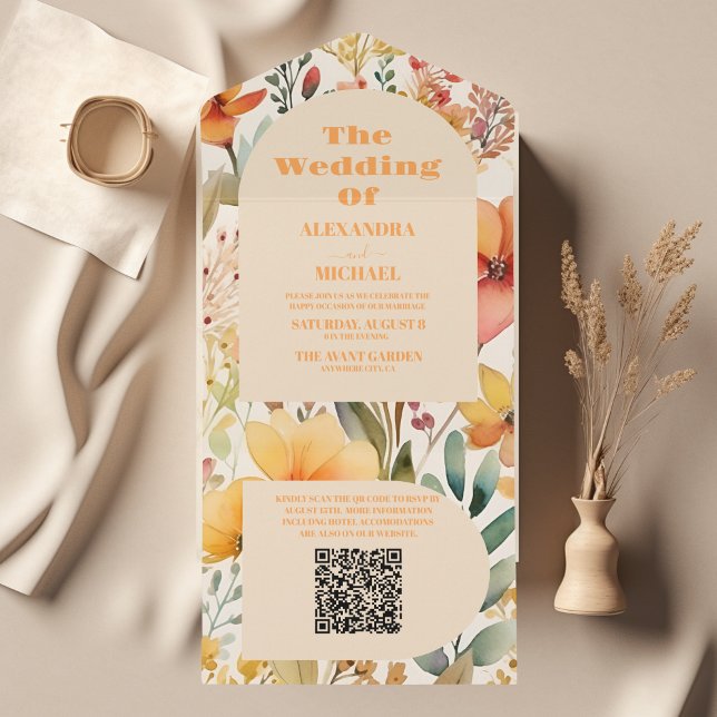 QR Code Watercolor Pink Orange Wildflowers Wedding All In One Invitation (Creator Uploaded)
