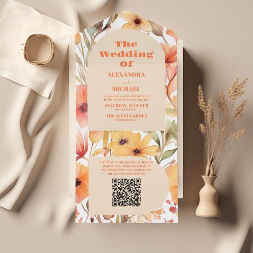 QR Code Watercolor Pink Orange Wildflowers Wedding All In One Invitation