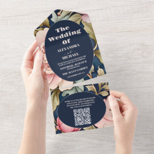 QR Code Watercolor Pink Peony  Art Nouveau Wedding All In One Invitation