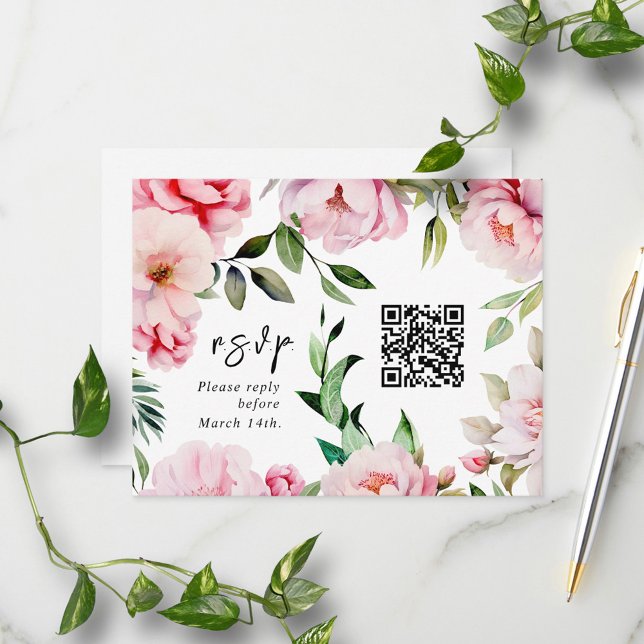 QR Code Watercolor Pink Peony Wedding RSVP (Creator Uploaded)