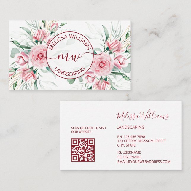 QR Code |  Watercolor Pink Roses Logo Business Card (Front/Back)