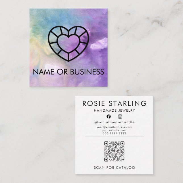 QR Code Watercolor Professional Gem Heart Square Business Card (Front/Back)