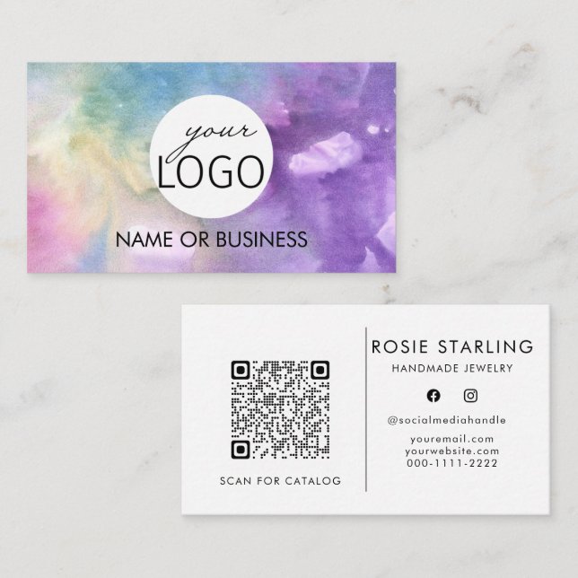 QR Code Watercolor Professional Logo  Business Card (Front/Back)
