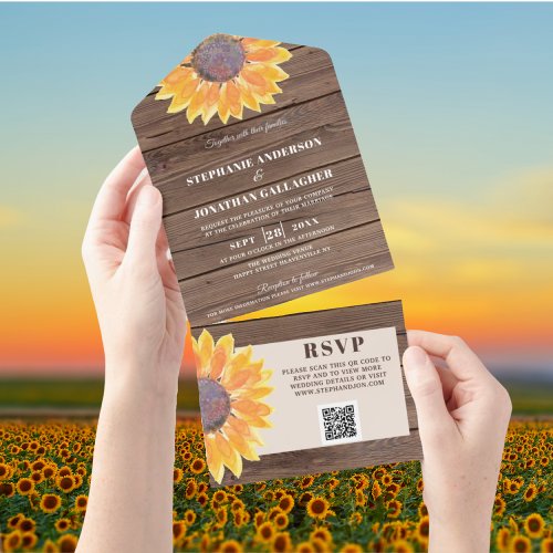 QR Code Watercolor Sunflower Barn Wood All In One  All In One Invitation