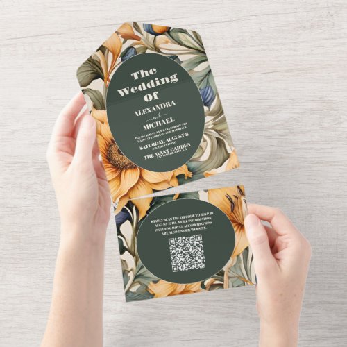 QR Code Watercolor Sunflower Botanical Wedding All In One Invitation