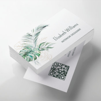 Qr Code |  Watercolor Tropical Leaves Business Card by NinaBaydur at Zazzle
