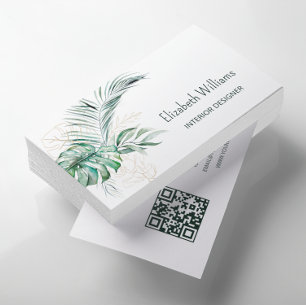 QR Code Watercolor Tropical Leaves Business Card