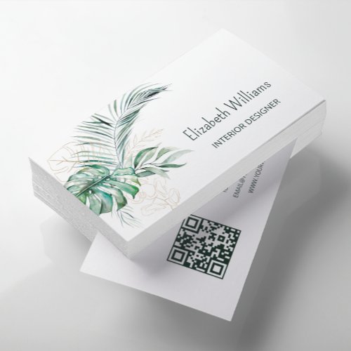 QR Code   Watercolor Tropical Leaves Business Card