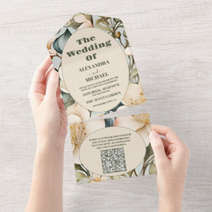 QR Code Watercolor White Lily  Art Nouveau Wedding All In One Invitation