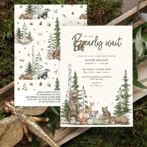 QR Code We Can Bearly Wait Woodland Baby Shower  Invitation