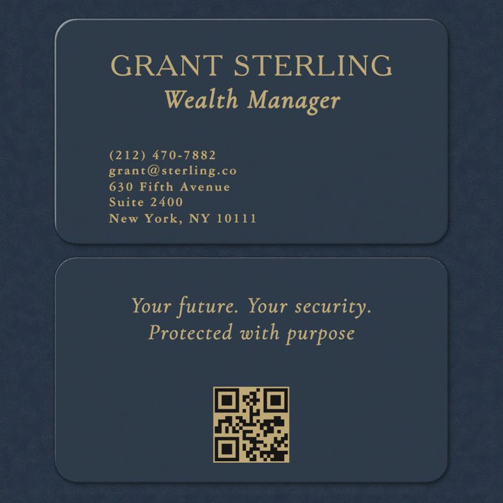 QR Code Wealth Manager Navy Blue Gold Business Card