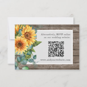 Qr Code Website Rustic Wood Sunflowers Wedding RSV RSVP Card