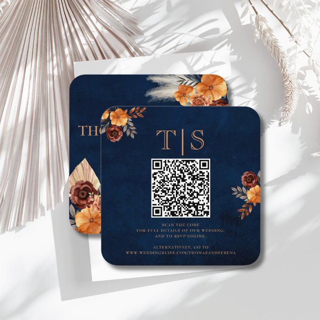QR Code Wedding Enclosure RSVP Navy Blue Floral Note Card (Creator Uploaded)