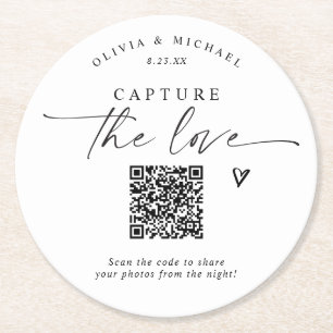 QR Code Wedding Modern Elegant Photo Sharing Round Paper Coaster