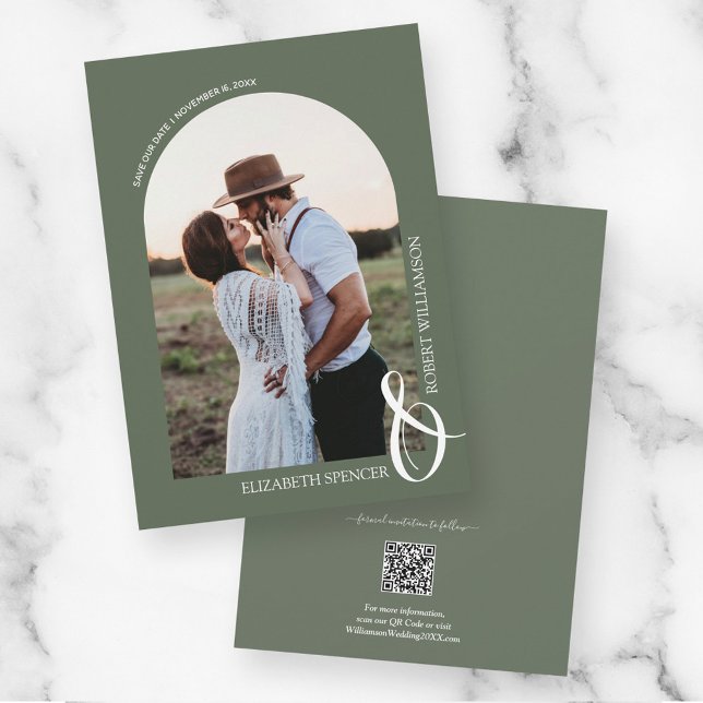 QR Code Wedding Photo Sage Green Save the Date (Creator Uploaded)