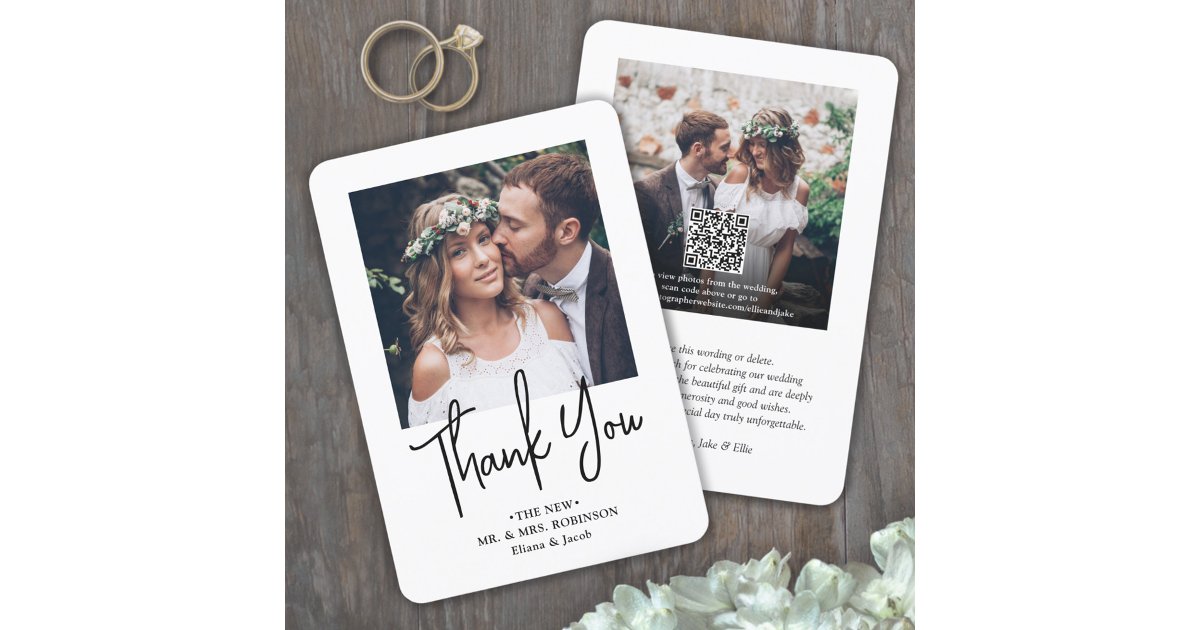 QR Code Wedding Photo Website Simple Modern Script Thank You Card | Zazzle