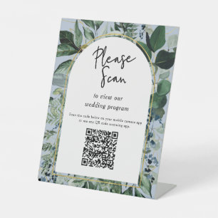 QR code wedding program Modern Botanical Greenery  Pedestal Sign