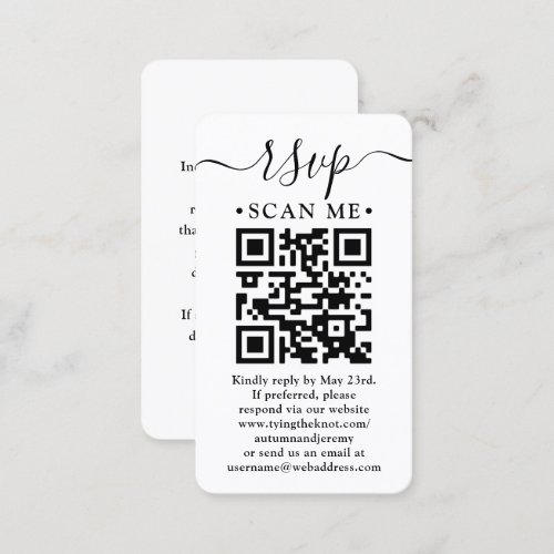 QR Code Wedding RSVP and Details Enclosure Card - Simplify RSVP responses and provide any important details with chic modern QR Code enclosure cards. All text is simple to customize. Back of card includes any celebration details of your choice such as directions, website, special requests, masking & social distancing guidelines, covid pandemic safety measures, etc. Guests simply scan the QR code with their phone and are sent directly to the wedding website to reply to the invitation. An online rsvp process reduces the chance that cards will be lost in the mail. It's also more versatile, in that you can ask for more detailed information, such as meal choices, food allergies, and song requests. This card template features a rustic faux brown wood background, modern minimalist typewriter style typography, and handwritten script calligraphy. All response information can be personalized or deleted. It's a stylish way of asking wedding guests to kindly reply to your upcoming special day celebration.