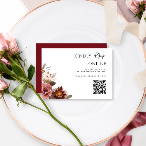 QR Code Wedding RSVP Online Burgundy and Blush Enclosure Card