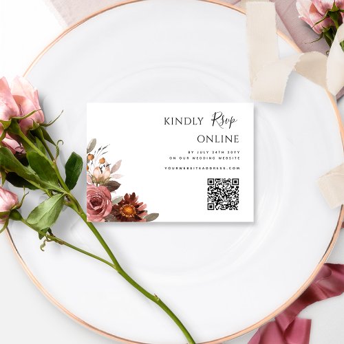 QR Code Wedding RSVP Online Burgundy Blush Floral Enclosure Card