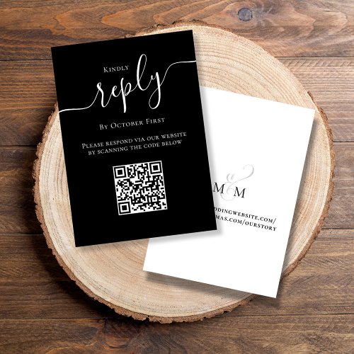 QR Code Wedding RSVP Script Black and White Enclosure Card