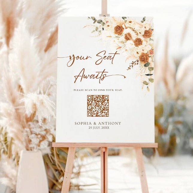 QR Code Wedding Seating Chart Sign Boho Terracotta (Scan. Find Your Seat. Celebrate in Style.)