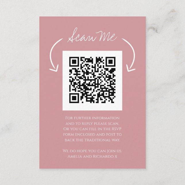 QR code wedding website monogram pink scan reply Enclosure Card (Back)