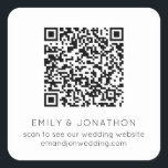 QR Code Wedding Website Names Black White Square Sticker<br><div class="desc">QR Code Wedding Website Names Black and White. The text can be easily personalised. You can also change background and text colors to match your wedding theme if you wish via the Customize Further option. Your QR code will be automatically generated to update the sample code in the design, when...</div>
