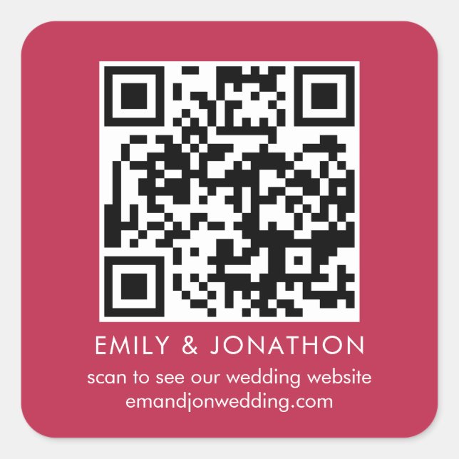 QR Code Wedding Website Names Magenta Square Sticker (Front)