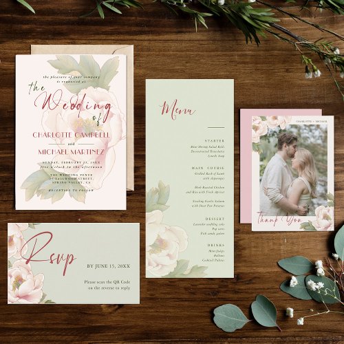QR Code  Wedding Website Sage and Blush Flower En Enclosure Card