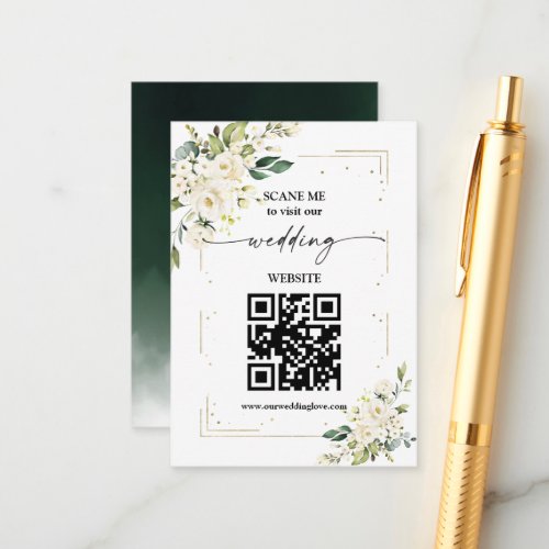 QR Code Wedding Website White Floral Gold  Enclosu Enclosure Card