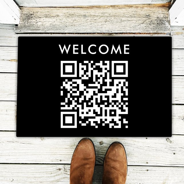 QR Code Welcome | Black Minimalist Simple Scan Me Doormat (Versatile doormat template with interactive QR code & greeting for business or personal use.)