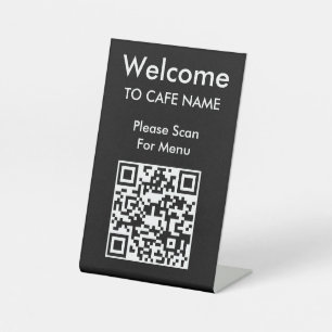 QR Code Welcome Cafe Restaurant Menu Black Pedestal Sign