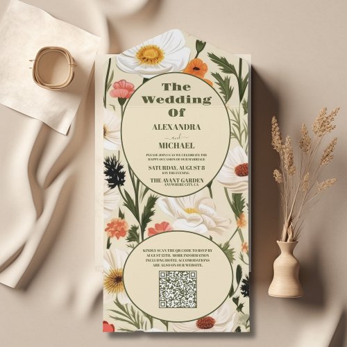 QR Code Whimsical Wildflower Meadow Wedding All In One Invitation