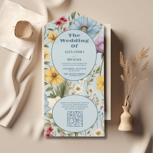 QR Code Whimsical Wildflower Meadow Wedding All In One Invitation