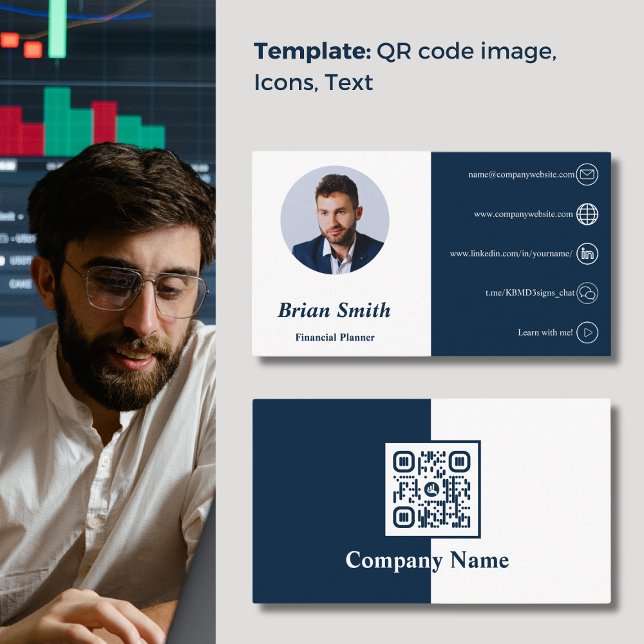 QR Code White and Blue Financial Planner  Business Card (QR Code White and Blue Financial Planner Business Card)