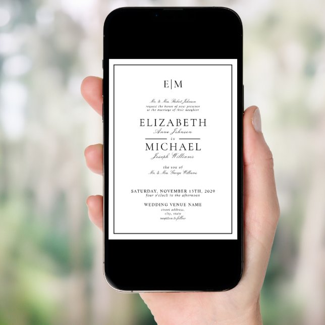 QR Code White Black Classic Monogram Wedding Invitation (Front Digital)