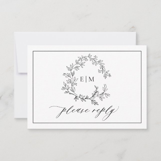 QR Code White Black Leafy Crest Monogram Wedding RSVP Card (Front)