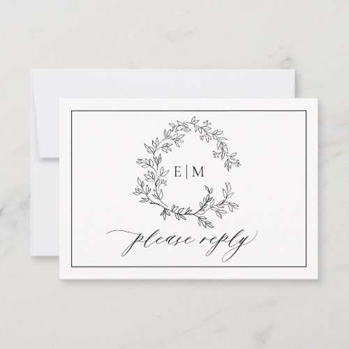 QR Code White Black Leafy Crest Monogram Wedding RSVP Card