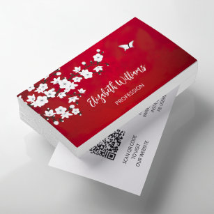 QR Code   White Cherry Blossom Red Business Card