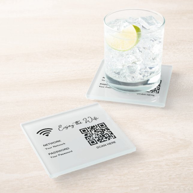 QR Code White Enjoy The Wifi Hotel Glass Coaster (Angled)