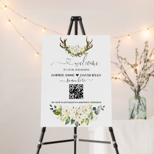 QR Code White Floral Antlers Wedding Welcome Sign